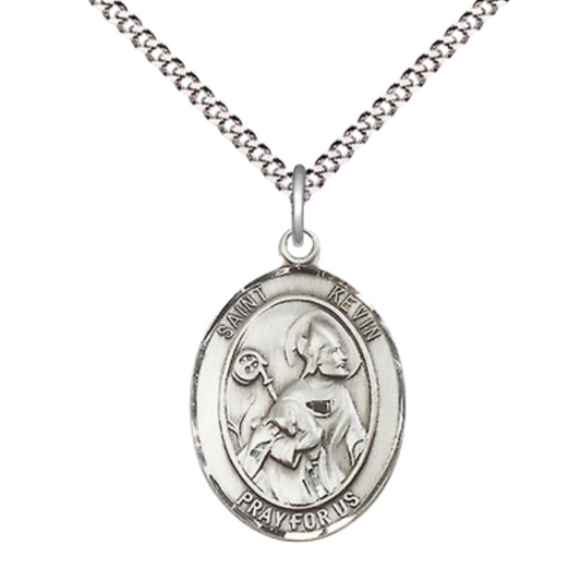 Everlasting Light Jewelry Medium Women's .925 Sterling Silver Saint St. Kevin Pendant Necklace with 18- Inch Rhodium Plated Lite Curb Brass Chain – Patron Saint St. of Blackbirds and Ireland, Catholic Medal – Velvet Gift Box Included