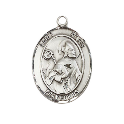 Mens Medium Oval Pewter Saint St. Kevin Medal Pendant on 24 Inch Rhodium Plated Heavy Curb Brass Chain with Lobster Claw Clasp, Catholic Religious Necklace - Made in USA- Deluxe Velvet Gift Box