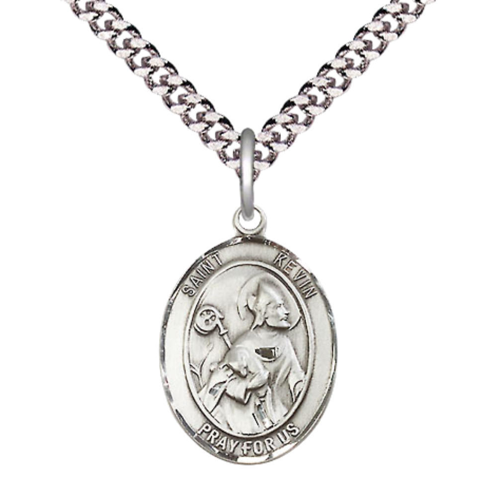 Mens Medium Oval .925 Sterling Silver Saint St. Kevin Medal Pendant on 24 Inch Rhodium Plated Heavy Curb Brass Chain w/ Lobster Claw Clasp, Catholic Religious Necklace - Made in USA- Velvet Gift Box