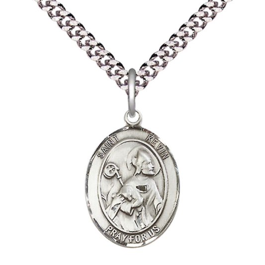 Mens Medium Oval .925 Sterling Silver Saint St. Kevin Medal Pendant on 24 Inch Rhodium Plated Heavy Curb Brass Chain w/ Lobster Claw Clasp, Catholic Religious Necklace - Made in USA- Velvet Gift Box