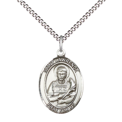 Everlasting Light Jewelry Medium Women's .925 Sterling Silver Saint St. Lawrence Pendant Necklace with 18- Inch Rhodium Plated Lite Curb Brass Chain – Patron Saint St. of Chefs and Comedians, Catholic Medal – Velvet Gift Box Included