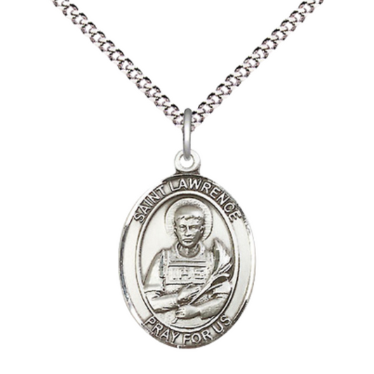 Everlasting Light Jewelry Medium Women's .925 Sterling Silver Saint St. Lawrence Pendant Necklace with 18- Inch Rhodium Plated Lite Curb Brass Chain – Patron Saint St. of Chefs and Comedians, Catholic Medal – Velvet Gift Box Included