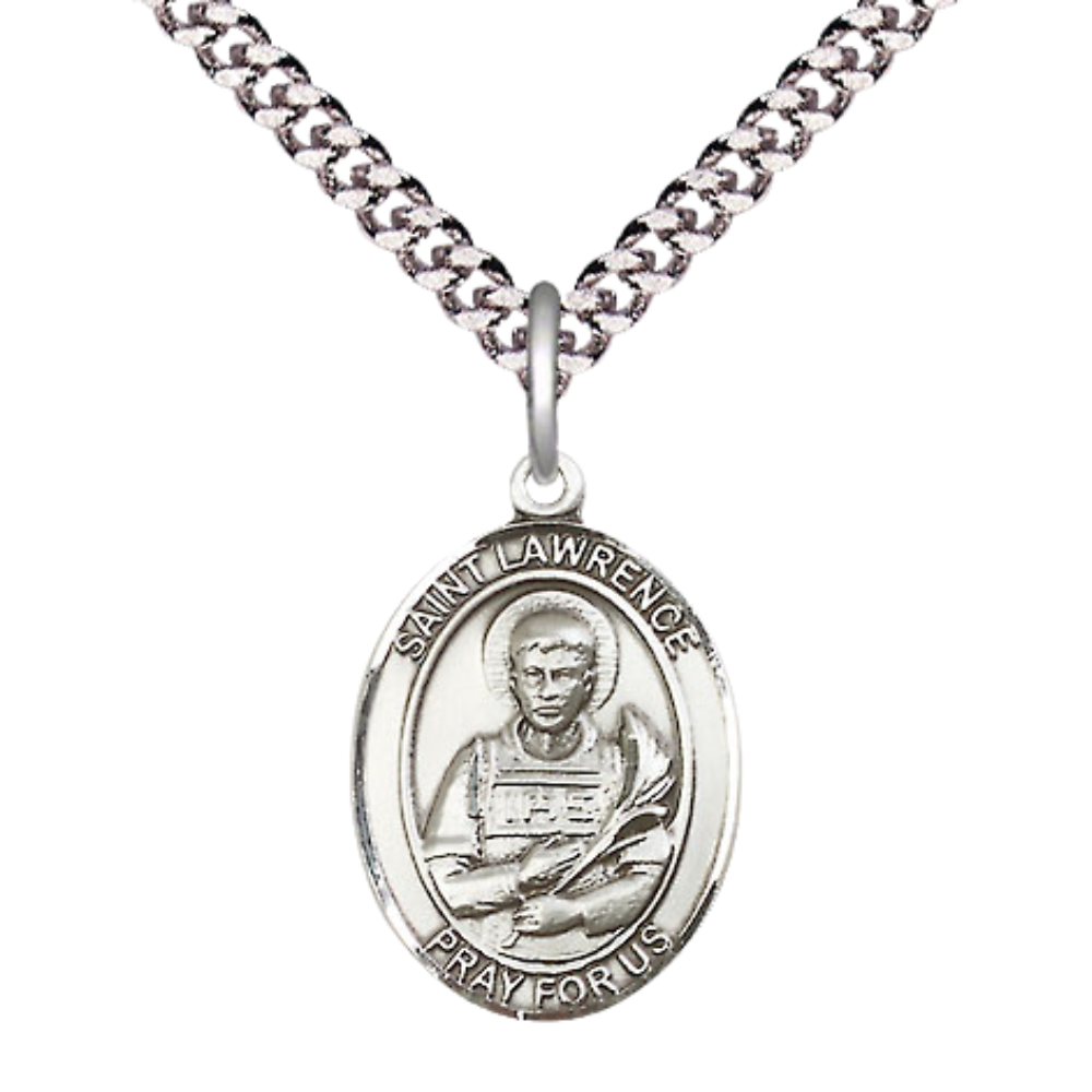 Everlasting Light Jewelry Medium Men's Pewter Saint St. Lawrence Medal Pendant on 24 Inch Endless Rhodium Plated Heavy Curb Brass Chain, Catholic Religious Necklace - Made in USA- Deluxe Velvet Gift Box
