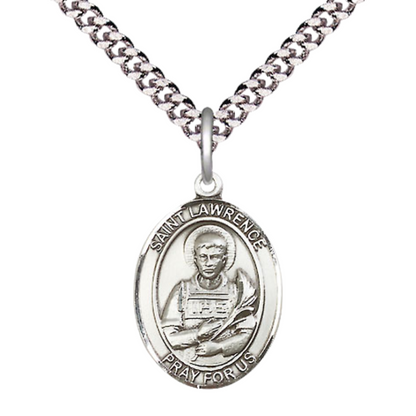 Everlasting Light Jewelry Medium Men's Pewter Saint St. Lawrence Medal Pendant on 24 Inch Endless Rhodium Plated Heavy Curb Brass Chain, Catholic Religious Necklace - Made in USA- Deluxe Velvet Gift Box