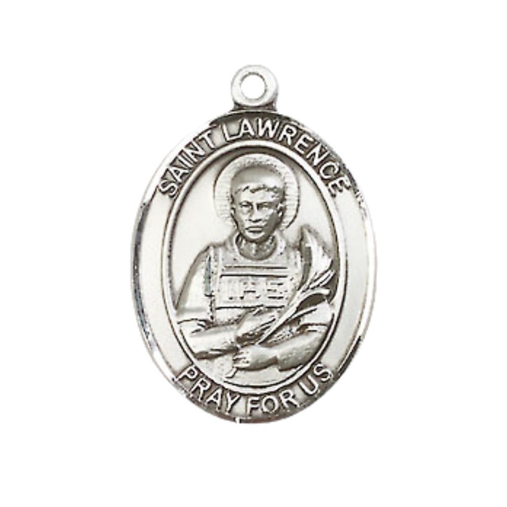Everlasting Light Jewelry Medium Men's Pewter Saint St. Lawrence Medal Pendant on 24 Inch Endless Rhodium Plated Heavy Curb Brass Chain, Catholic Religious Necklace - Made in USA- Deluxe Velvet Gift Box