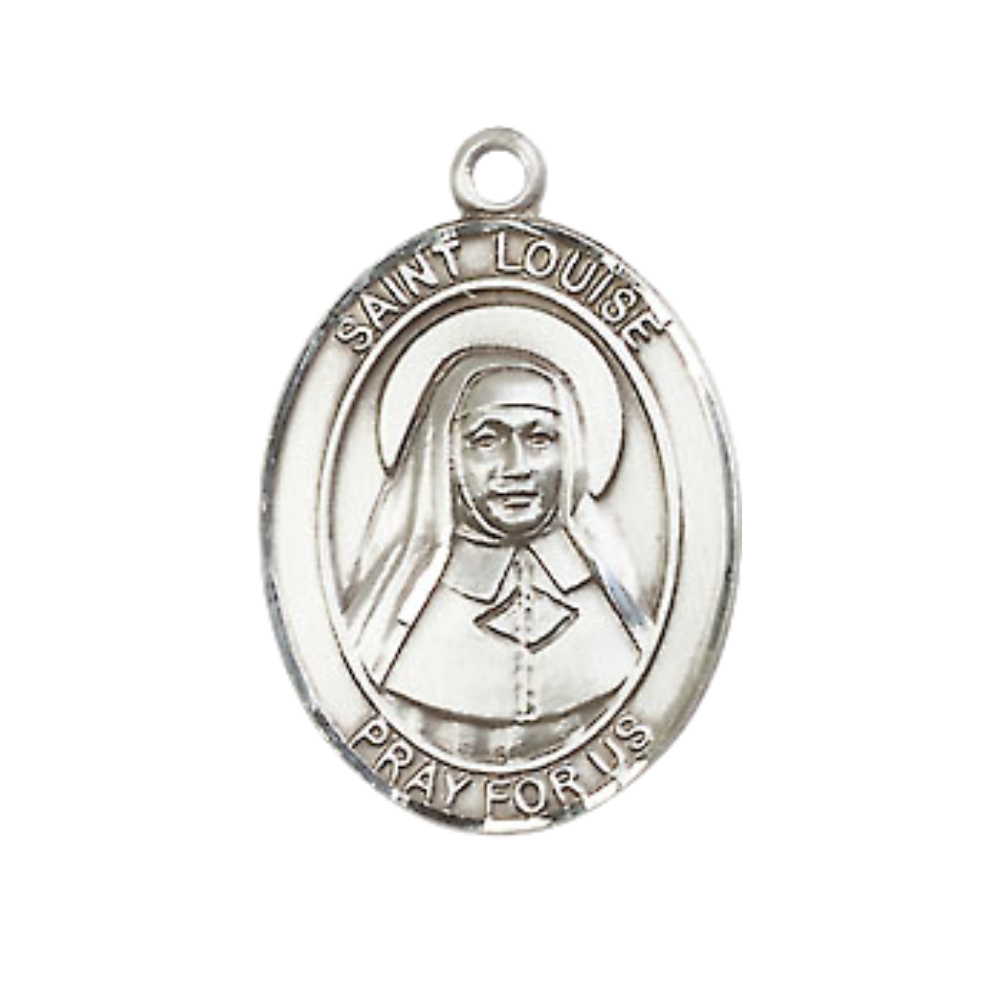 Medium Men's Pewter Saint St.Louise de Marillac Medal Pendant on 24 Inch Endless Rhodium Plated Heavy Curb Brass Chain, Catholic Religious Necklace -Made in USA- Deluxe Velvet Gift Box