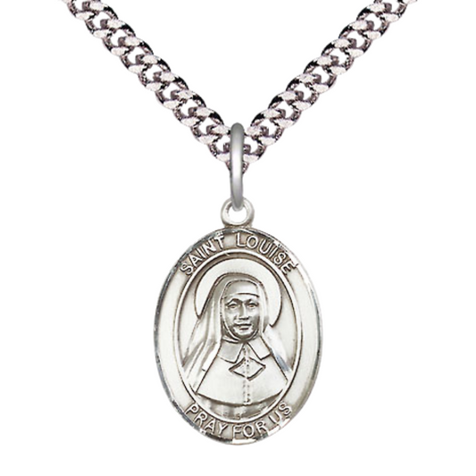 Medium Men's Pewter Saint St.Louise de Marillac Medal Pendant on 24 Inch Endless Rhodium Plated Heavy Curb Brass Chain, Catholic Religious Necklace -Made in USA- Deluxe Velvet Gift Box