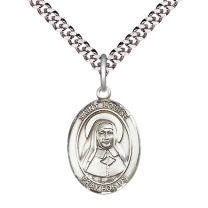 Medium Mens Oval .925 Sterling Silver Saint St. Louise de Marillac Medal Pendant on 24 Inch Rhodium Plated Heavy Curb Brass Chain w/ Lobster Claw Clasp, Catholic Religious Necklace - Made in USA- Velvet Gift Box