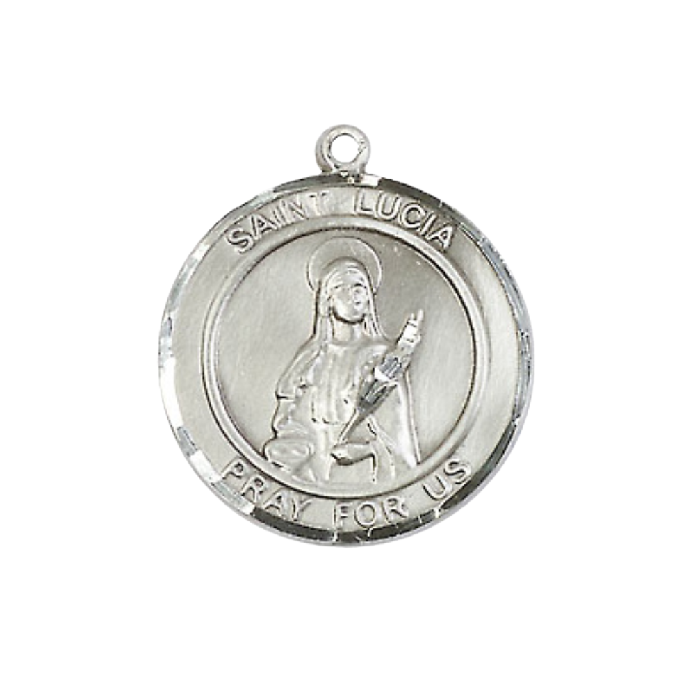 Medium Women's .925 Sterling Silver Saint St. Lucia of Syracuse Pendant Necklace on 18 Inch Rhodium- Plated Lite Curb Brass Chain – Patron Saint St. of Eye Diseases/Writers – ¾" x 5/8" Medal, Catholic Medal – Velvet Gift Box Included