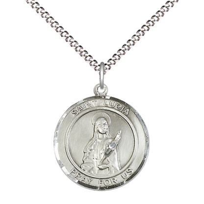 Medium Women's Pewter Saint St. Lucia of Syracuse Medal Pendant on 18 Inch Rhodium Plated Lite Curb Brass Chain w/ Lobster Claw clasp, Catholic Religious Necklace - Made in USA - Deluxe Velvet Gift Box