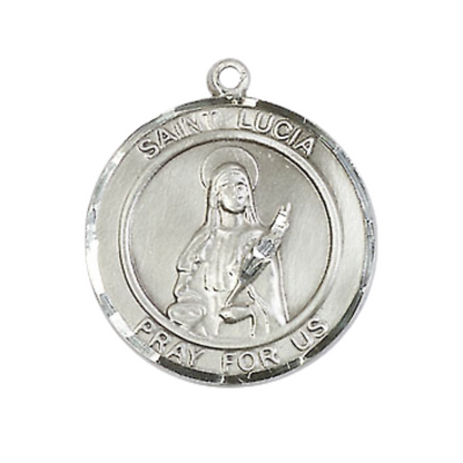 Medium Men's Pewter Saint St. Lucia of Syracuse Medal Pendant on 24 Inch Endless Rhodium Plated Heavy Curb Brass Chain, Catholic Religious Necklace - Made in USA- Deluxe Velvet Gift Box