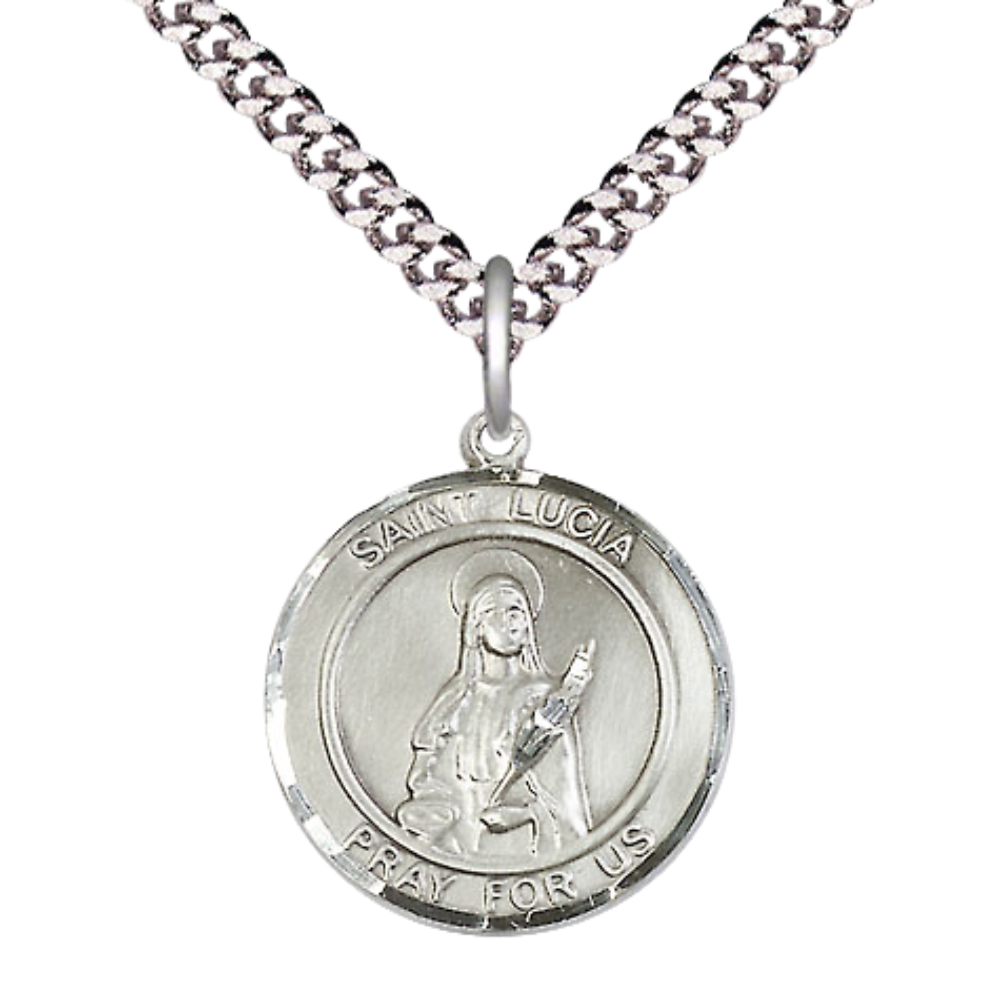 Medium Men's Pewter Saint St. Lucia of Syracuse Medal Pendant on 24 Inch Endless Rhodium Plated Heavy Curb Brass Chain, Catholic Religious Necklace - Made in USA- Deluxe Velvet Gift Box