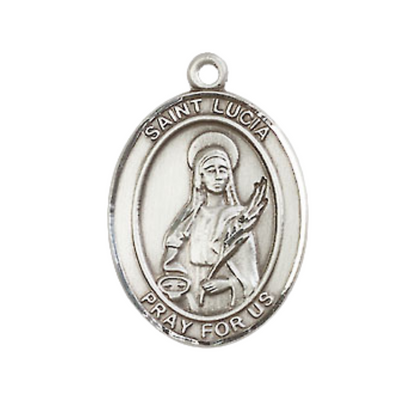 Medium Mens Oval Sterling Silver Saint Lucia of Syracuse Medal Pendant on 24" Rhodium Plated Heavy Curb Brass Chain w/ Lobster Claw Clasp,Catholic Religious Necklace -Made in USA-Velvet Gift Box