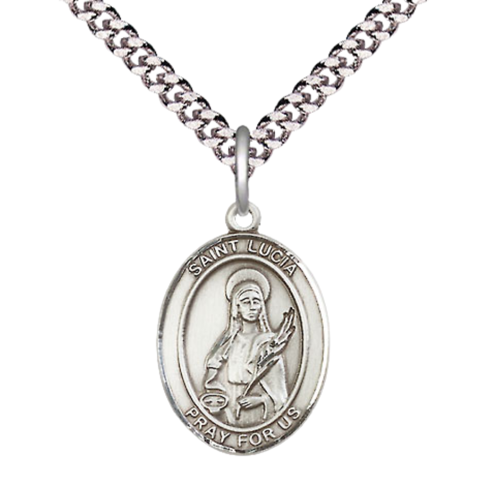 Medium Men's .925 Sterling Silver Saint St. Lucia of Syracuse Medal Pendant on 24 Inch Endless Rhodium Plated Heavy Curb Brass Chain, Catholic Religious Necklace - Made in USA- Deluxe Velvet Gift Box