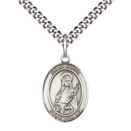 Mens Medium Oval Pewter Saint St. Lucia of Syracuse Medal Pendant on 24 Inch Rhodium Plated Heavy Curb Brass Chain w/ Lobster Claw Clasp, Catholic Religious Necklace - Made in USA- Velvet Gift Box