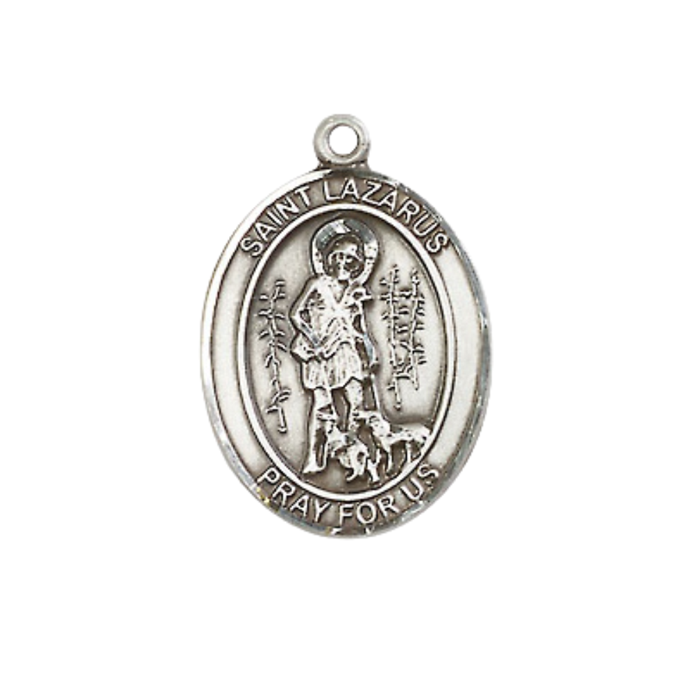 Everlasting Light Jewelry Medium Women's Sterling Silver Saint Lazarus Pendant Necklace with 18-Inch Rhodium Plated Lite Curb Brass Chain – Patron Saint of Leprosy – Velvet Gift Box Included