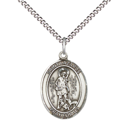 Everlasting Light Jewelry Medium Women's Pewter Saint Lazarus Pendant Necklace on 18-inch Rhodium-Plated Lite Curb Brass Chain – Patron Saint of Leprosy – Velvet Gift Box Included