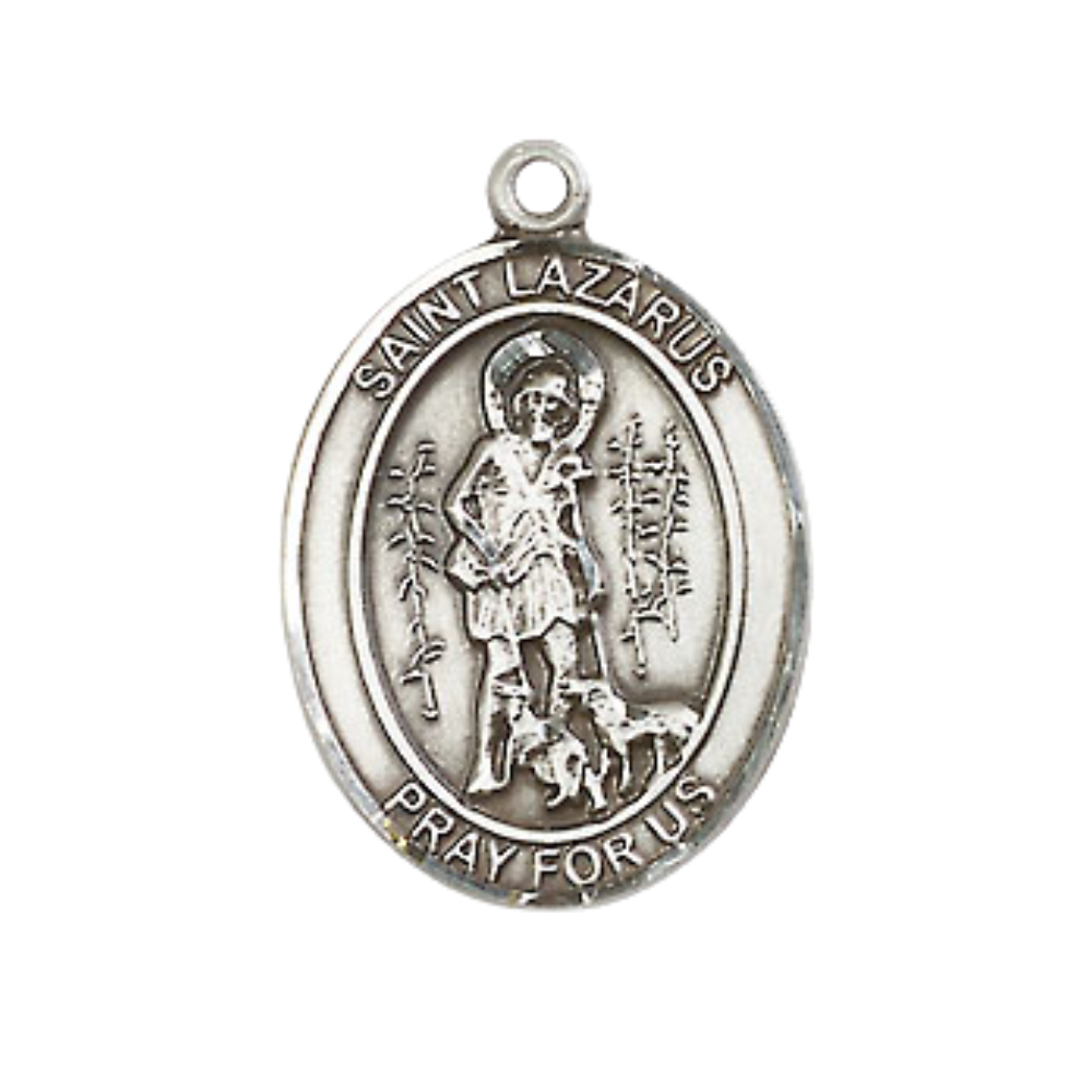 Everlasting Light Jewelry Medium Men's Pewter Saint St. Lazarus Medal Pendant on 24 Inch Endless Rhodium Plated Heavy Curb Brass Chain, Catholic Religious Necklace - Made in USA- Deluxe Velvet Gift Box