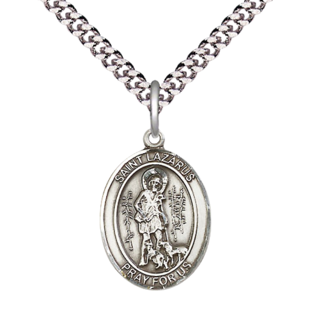 Everlasting Light Jewelry Medium Men's Pewter Saint St. Lazarus Medal Pendant on 24 Inch Endless Rhodium Plated Heavy Curb Brass Chain, Catholic Religious Necklace - Made in USA- Deluxe Velvet Gift Box