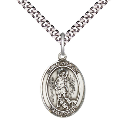 Everlasting Light Jewelry Medium Men's Pewter Saint St. Lazarus Medal Pendant on 24 Inch Endless Rhodium Plated Heavy Curb Brass Chain, Catholic Religious Necklace - Made in USA- Deluxe Velvet Gift Box