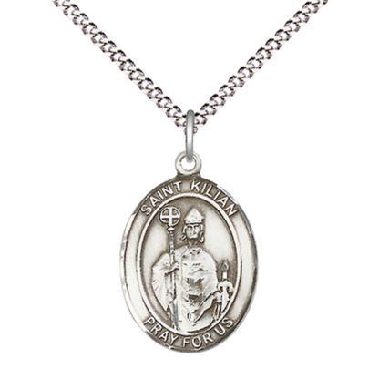Medium Women's .925 Sterling Silver Saint St. Kilian Pendant Necklace with 18Inch Rhodium Plated Lite Curb Brass Chain, Catholic Medal – Patron Saint St. of Whitewashers & Rheumatism – Velvet Gift Box Included