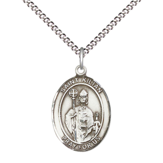 Medium Women's .925 Sterling Silver Saint St. Kilian Pendant Necklace with 18Inch Rhodium Plated Lite Curb Brass Chain, Catholic Medal – Patron Saint St. of Whitewashers & Rheumatism – Velvet Gift Box Included