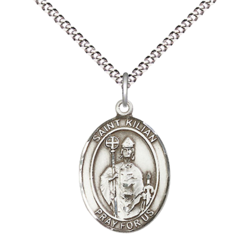 Everlasting Light Jewelry Medium Women's Pewter Saint Kilian Pendant Necklace on 18-inch Rhodium-Plated Lite Curb Brass Chain – Patron Saint of Whitewashers and Rheumatism – Velvet Gift Box Included