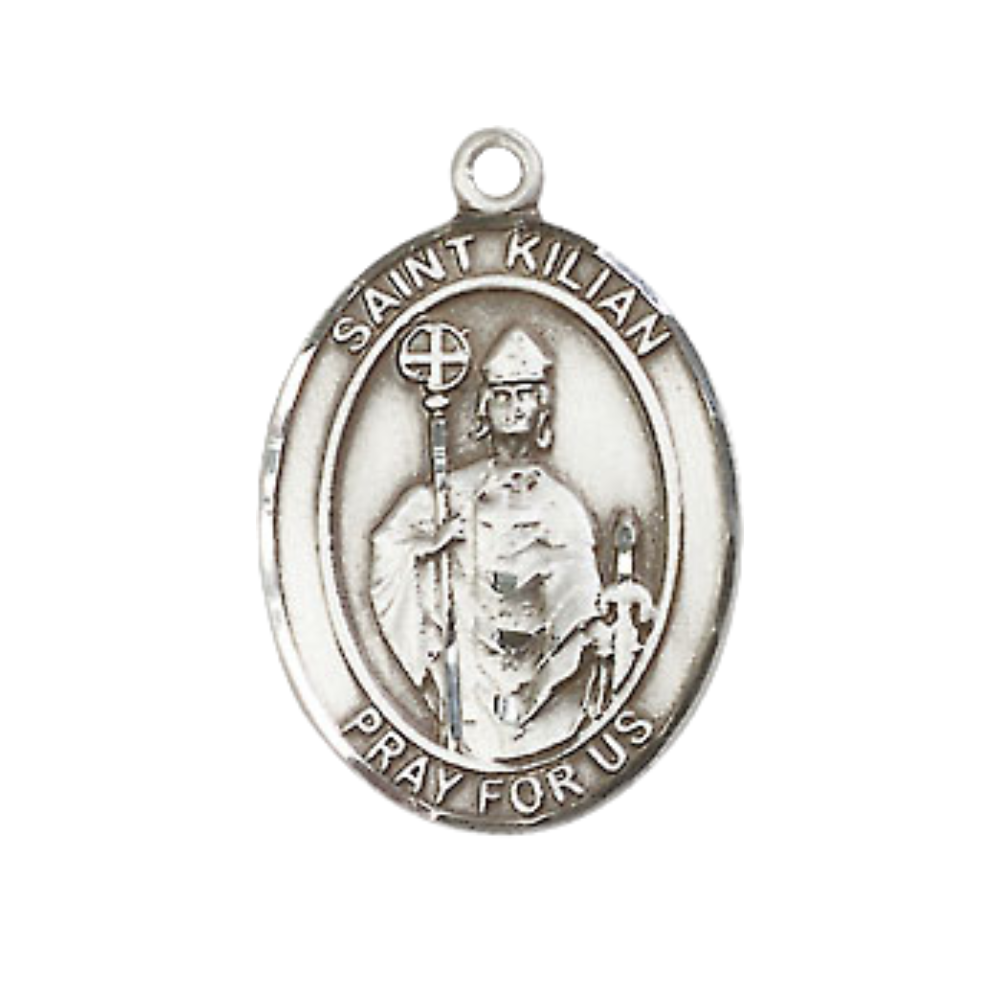 Medium Men's .925 Sterling Silver Saint St. Kilian Medal Pendant on 24 Inch Endless Rhodium Plated Heavy Curb Brass Chain, Catholic Religious Necklace - Made in USA- Deluxe Velvet Gift Box