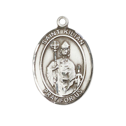 Mens Medium Oval Pewter Saint Kilian Medal Pendant on 24 Inch Rhodium Plated Heavy Curb Brass Chain with Lobster Claw Clasp, Catholic Religious Necklace -Made in USA- Deluxe Velvet Gift Box