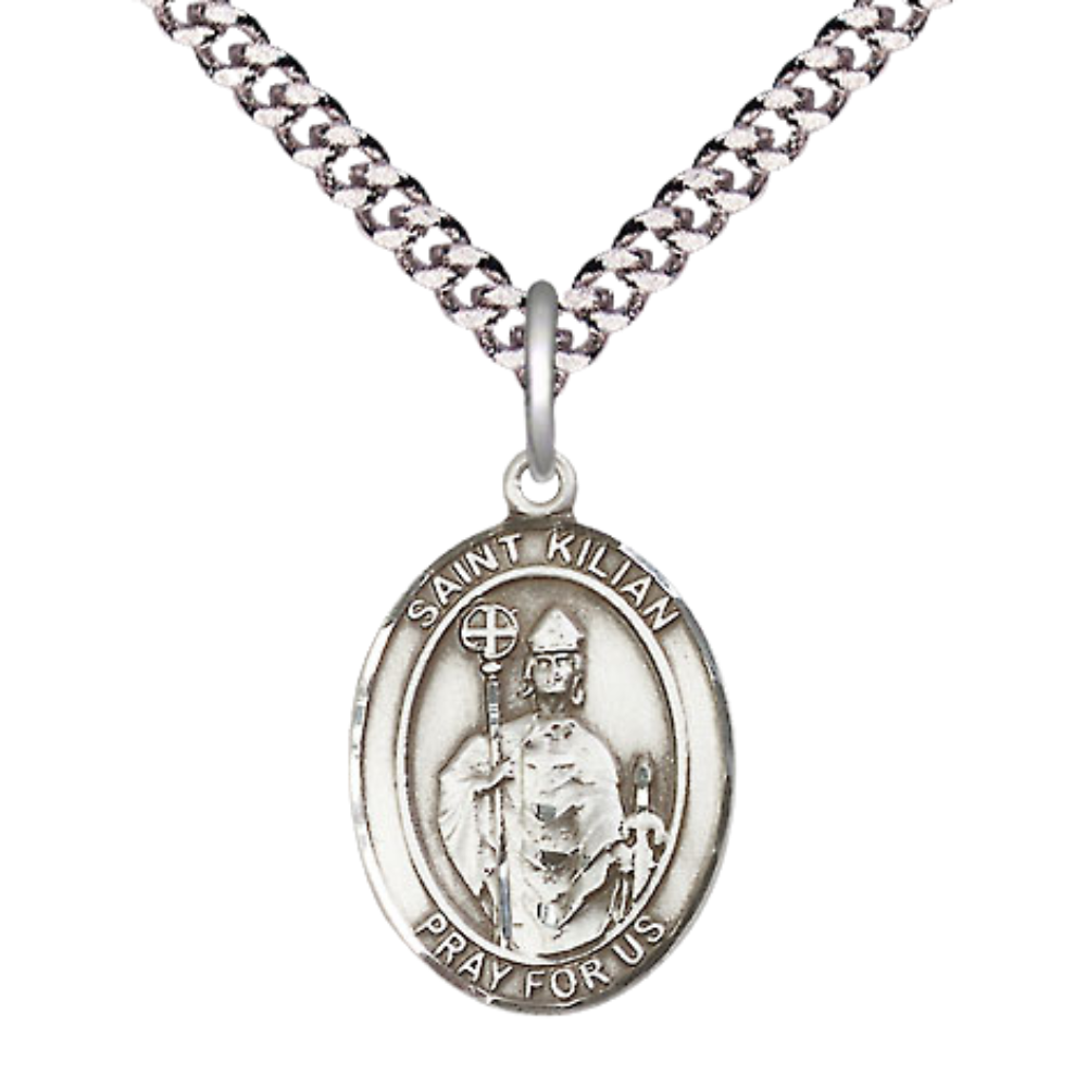 Everlasting Light Jewelry Medium Men's Pewter Saint St. Kilian Medal Pendant on 24 Inch Endless Rhodium Plated Heavy Curb Brass Chain, Catholic Religious Necklace - Made in USA- Deluxe Velvet Gift Box