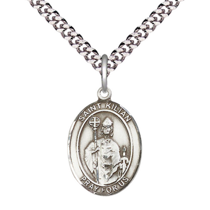 Everlasting Light Jewelry Medium Men's Pewter Saint St. Kilian Medal Pendant on 24 Inch Endless Rhodium Plated Heavy Curb Brass Chain, Catholic Religious Necklace - Made in USA- Deluxe Velvet Gift Box