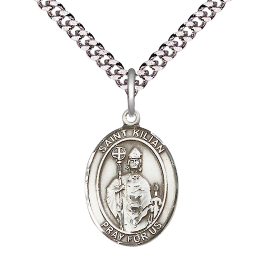 Medium Men's .925 Sterling Silver Saint St. Kilian Medal Pendant on 24 Inch Endless Rhodium Plated Heavy Curb Brass Chain, Catholic Religious Necklace - Made in USA- Deluxe Velvet Gift Box
