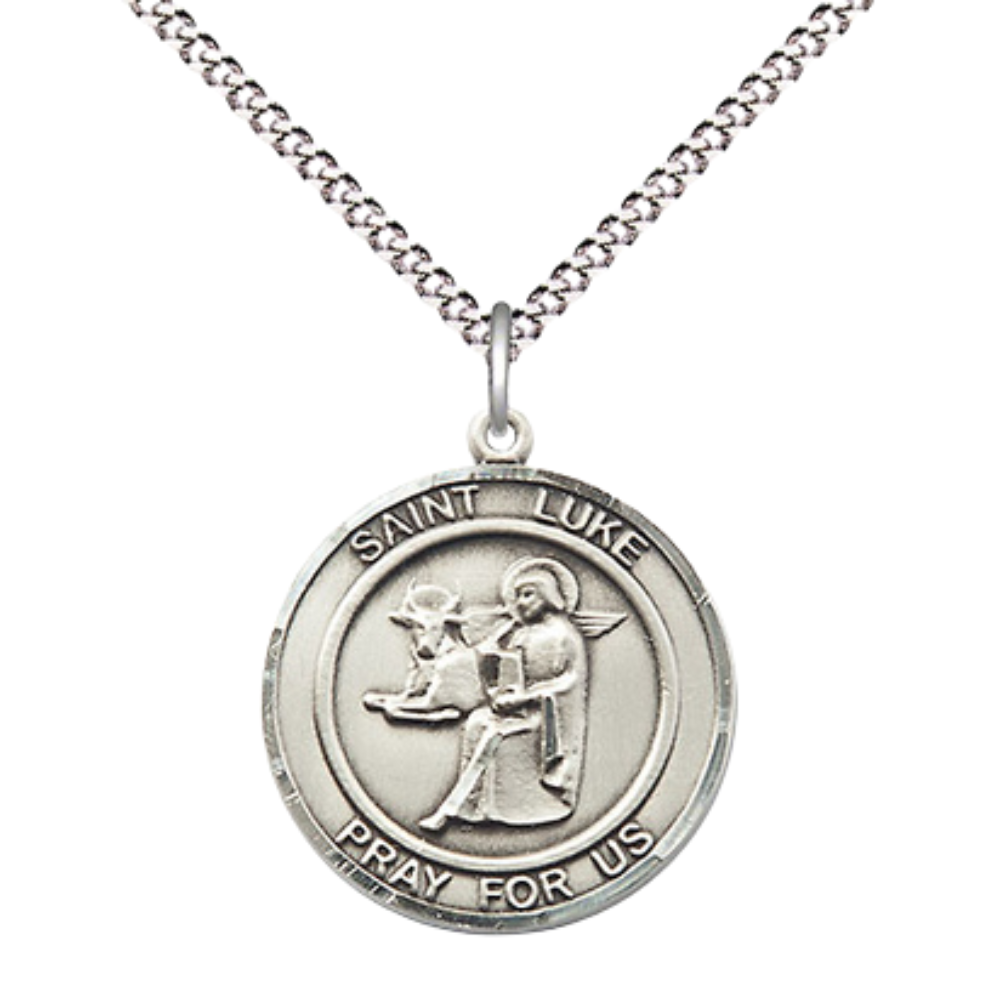 Medium Women's Pewter Saint St. Luke the Apostle Medal Pendant on 18 Inch Rhodium Plated Lite Curb Brass Chain w/ Lobster Claw clasp, Catholic Religious Necklace - Made in USA - Deluxe Velvet Gift Box