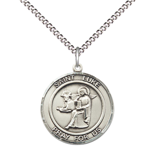 Medium Women's .925 Sterling Silver Saint St. Luke the Apostle Pendant Necklace on 18 Inch Rhodium- Plated Lite Curb Brass Chain – Patron Saint St. of Physicians/Painters – ¾" x 5/8" Medal, Catholic Medal – Velvet Gift Box Included