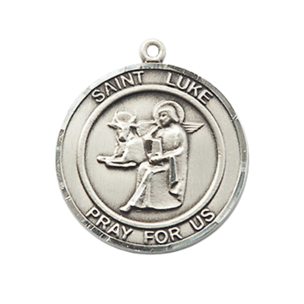Medium Mens Round .925 Sterling Silver Saint St. Luke the Apostle Medal Pendant on 24 Inch Rhodium Plated Heavy Curb Brass Chain w/ Lobster Claw Clasp, Catholic Religious Necklace - Made in USA- Velvet Gift Box