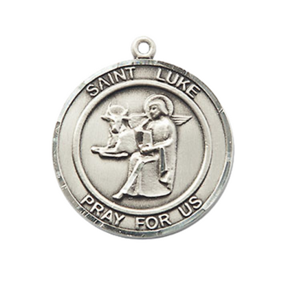 Medium Mens Round .925 Sterling Silver Saint St. Luke the Apostle Medal Pendant on 24 Inch Rhodium Plated Heavy Curb Brass Chain w/ Lobster Claw Clasp, Catholic Religious Necklace - Made in USA- Velvet Gift Box