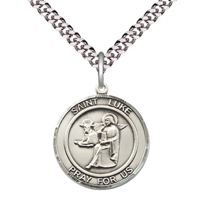 Medium Mens Round .925 Sterling Silver Saint St. Luke the Apostle Medal Pendant on 24 Inch Rhodium Plated Heavy Curb Brass Chain w/ Lobster Claw Clasp, Catholic Religious Necklace - Made in USA- Velvet Gift Box