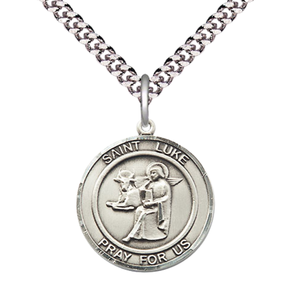 Men's Pewter Saint St. Luke the Apostle Round Medium Medal Pendant on 24 Inch Endless Rhodium Plated Heavy Curb Brass Chain, Catholic Religious Necklace - Made in USA- Deluxe Velvet Gift Box