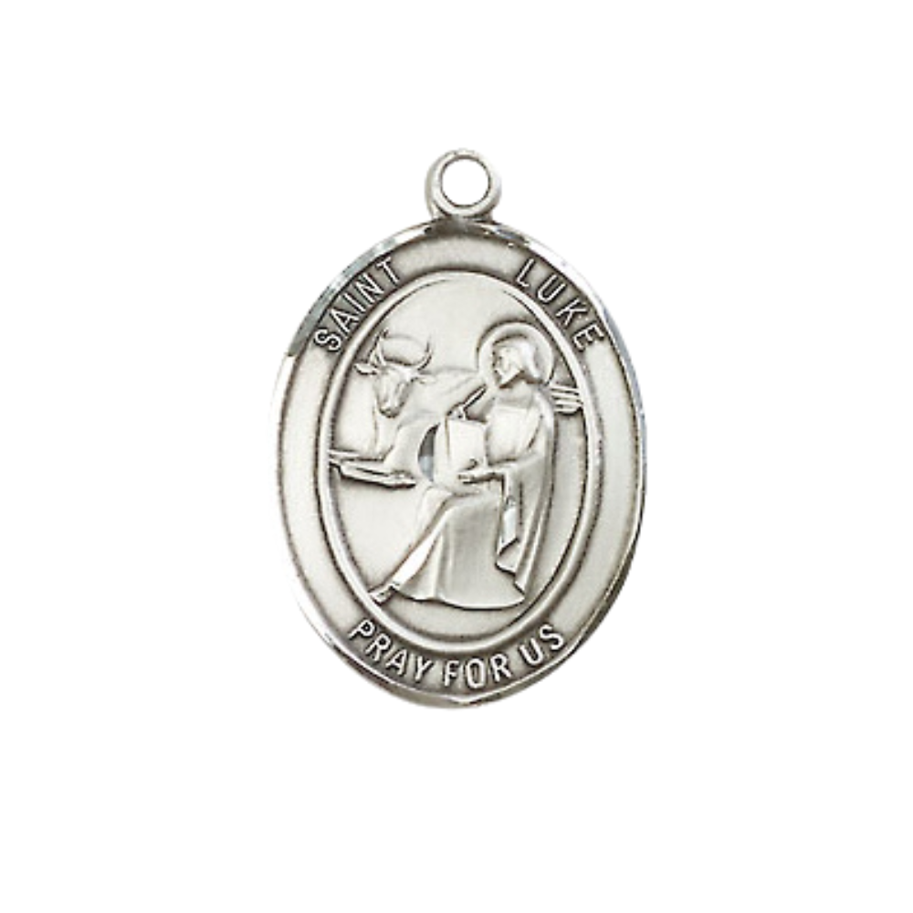 Everlasting Light Jewelry Medium Women's .925 Sterling Silver Saint St. Luke the Apostle Pendant Necklace with 18- Inch Rhodium Plated Lite Curb Brass Chain, Catholic Medal - Patron Saint. of Physicians & Painters – Velvet Gift Box
