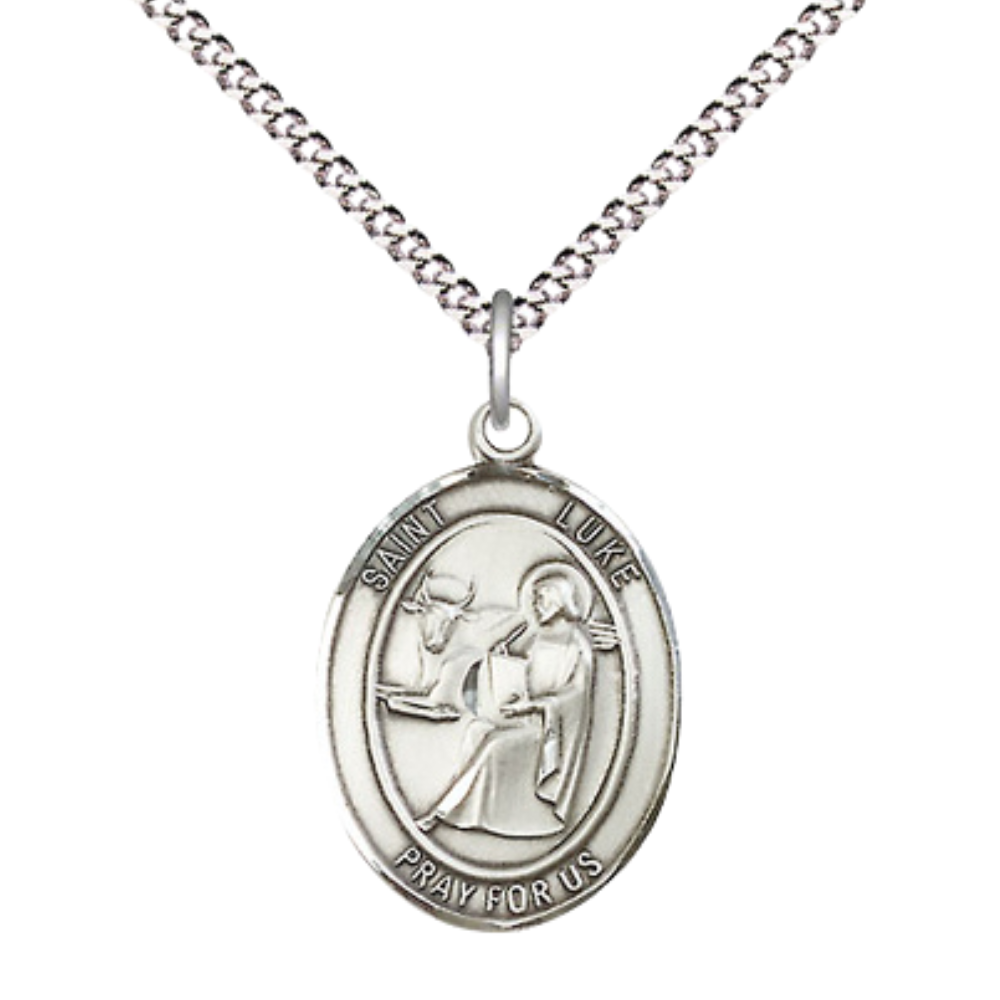 Everlasting Light Jewelry Medium Women's .925 Sterling Silver Saint St. Luke the Apostle Pendant Necklace with 18- Inch Rhodium Plated Lite Curb Brass Chain, Catholic Medal - Patron Saint. of Physicians & Painters – Velvet Gift Box