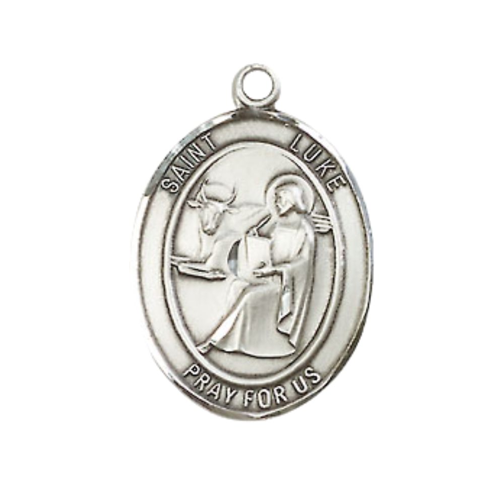 Medium Men's .925 Sterling Silver Saint St. Luke the Apostle Medal Pendant on 24 Inch Endless Rhodium Plated Heavy Curb Brass Chain, Catholic Religious Necklace - Made in USA- Deluxe Velvet Gift Box