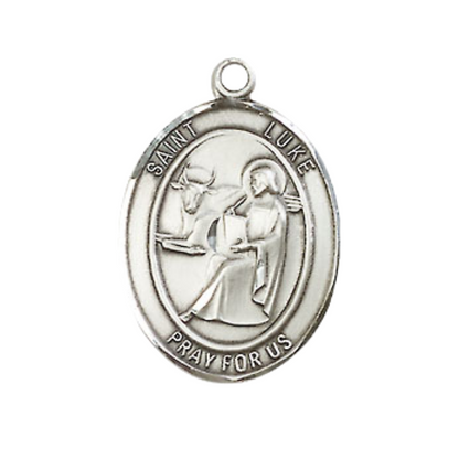 Medium Men's .925 Sterling Silver Saint St. Luke the Apostle Medal Pendant on 24 Inch Endless Rhodium Plated Heavy Curb Brass Chain, Catholic Religious Necklace - Made in USA- Deluxe Velvet Gift Box