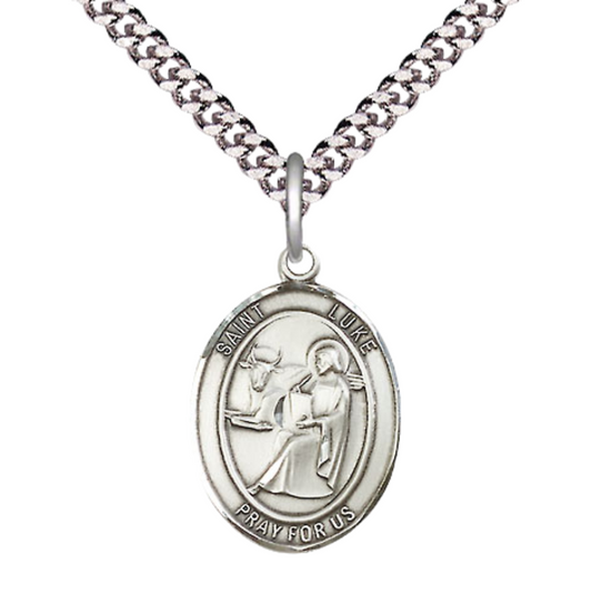 Medium Men's .925 Sterling Silver Saint St. Luke the Apostle Medal Pendant on 24 Inch Endless Rhodium Plated Heavy Curb Brass Chain, Catholic Religious Necklace - Made in USA- Deluxe Velvet Gift Box
