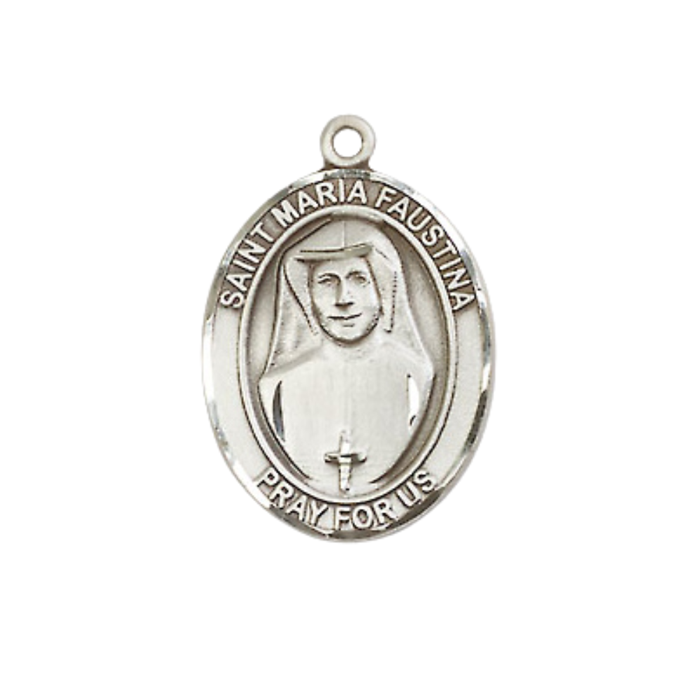 .925 Sterling Silver Saint St. Maria Faustina Medal Pendant w/ 18 Inch Rhodium Plated Lite Curb Brass Chain w/ Lobster Claw Clasp, Catholic Religious Necklace - Made in USA- Prayer Card Included
