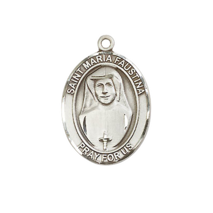 .925 Sterling Silver Saint St. Maria Faustina Medal Pendant w/ 18 Inch Rhodium Plated Lite Curb Brass Chain w/ Lobster Claw Clasp, Catholic Religious Necklace - Made in USA- Prayer Card Included