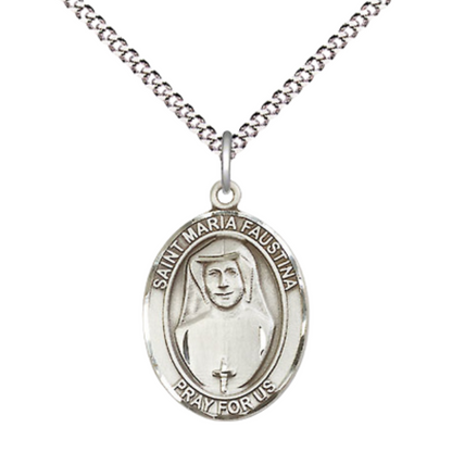 .925 Sterling Silver Saint St. Maria Faustina Medal Pendant w/ 18 Inch Rhodium Plated Lite Curb Brass Chain w/ Lobster Claw Clasp, Catholic Religious Necklace - Made in USA- Prayer Card Included