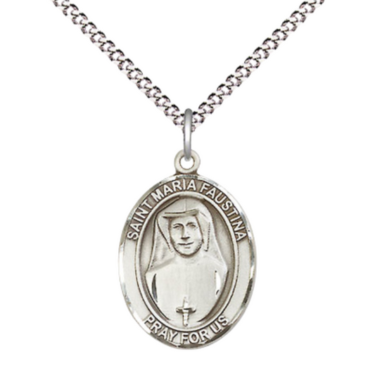 Everlasting Light Jewelry Medium Women's .925 Sterling Silver Saint St. Maria Faustina Pendant Necklace with 18- Inch Rhodium Plated Lite Curb Brass Chain, Catholic Medal - Patron Saint. Apostle of Divine Mercy – Velvet Gift Box