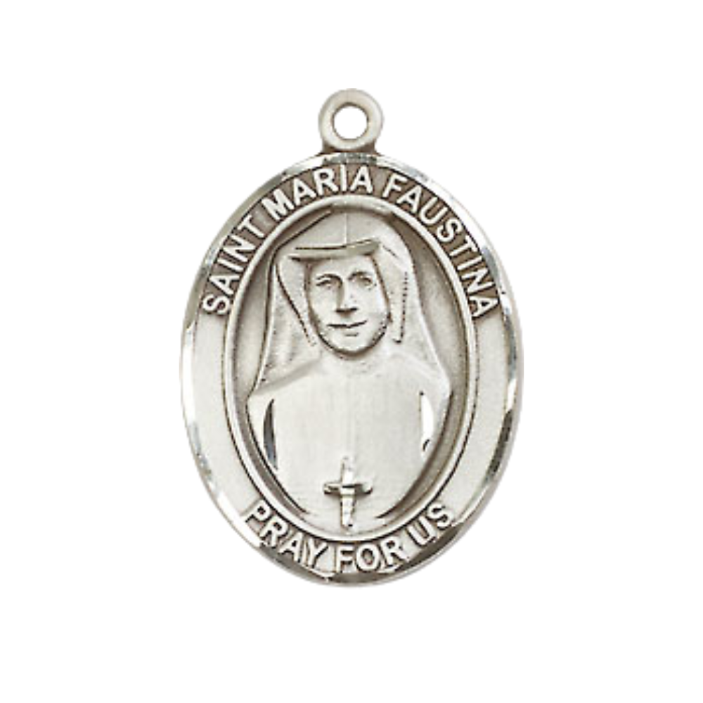 Medium Men's Pewter Saint St. Maria Faustina Medal Pendant on 24 Inch Endless Rhodium Plated Heavy Curb Brass Chain, Catholic Religious Necklace - Made in USA- Deluxe Velvet Gift Box