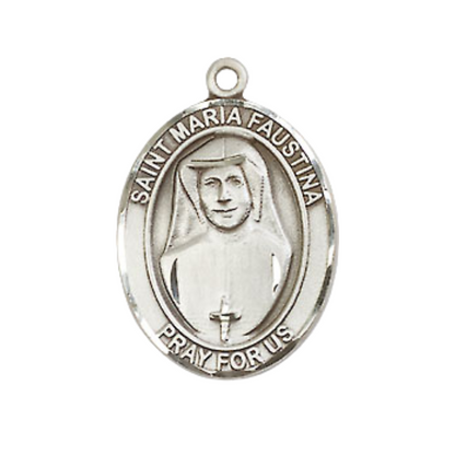 Medium Men's Pewter Saint St. Maria Faustina Medal Pendant on 24 Inch Endless Rhodium Plated Heavy Curb Brass Chain, Catholic Religious Necklace - Made in USA- Deluxe Velvet Gift Box