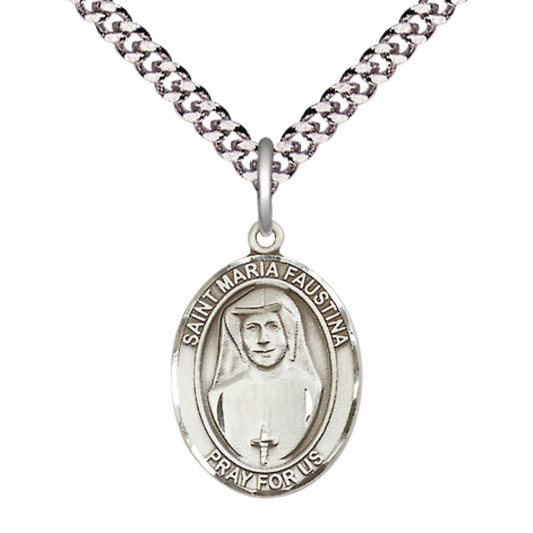 Medium Men's .925 Sterling Silver Saint St. Maria Faustina Medal Pendant on 24 Inch Endless Rhodium Plated Heavy Curb Brass Chain, Catholic Religious Necklace - Made in USA- Deluxe Velvet Gift Box